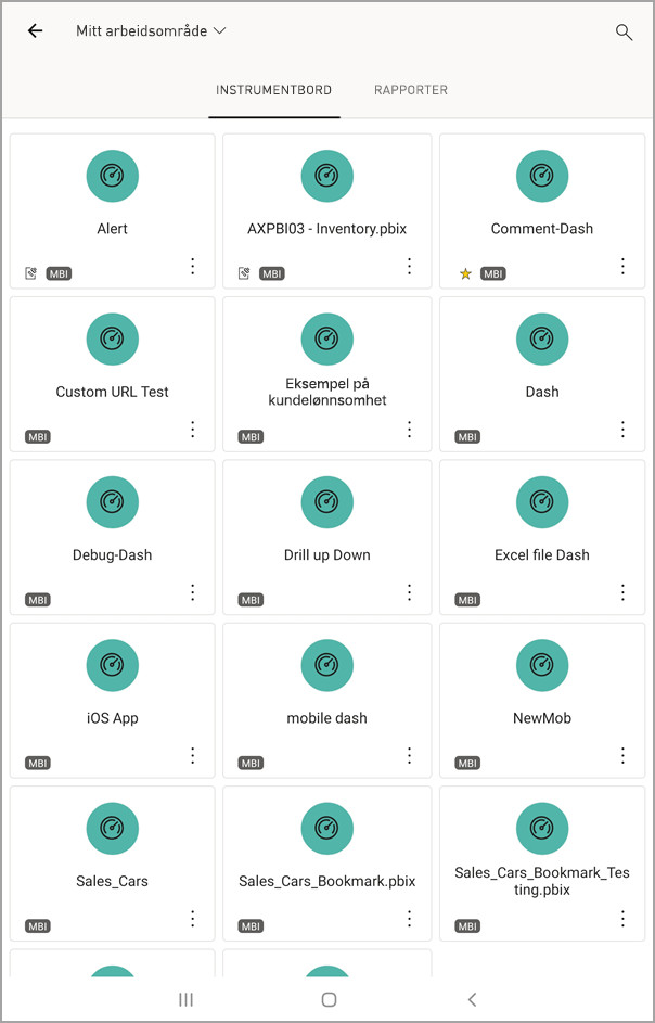 Skjermbilde som viser en Android-nettbrettskjerm med Mitt arbeidsområde med INSTRUMENTBORD valgt.