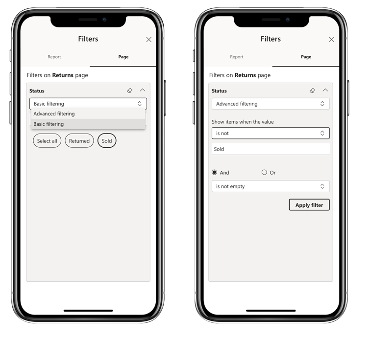 Phone BI phone report basic and advanced filtering.