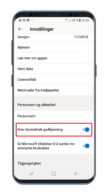 Power BI Android app setting page