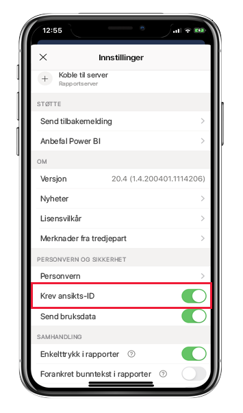 Power BI iOS app setting page