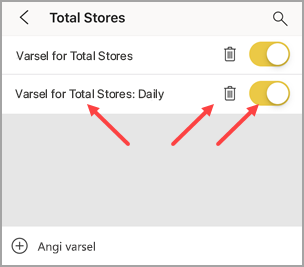 Skjermbilde av et varsel, peker på varselnavnet, søppelbøtten for å slette varselet og glidebryteren for å deaktivere varselet.