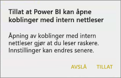 Skjermbilde av en dialogboks som viser at Power B I kan åpne koblinger med intern nettleser.