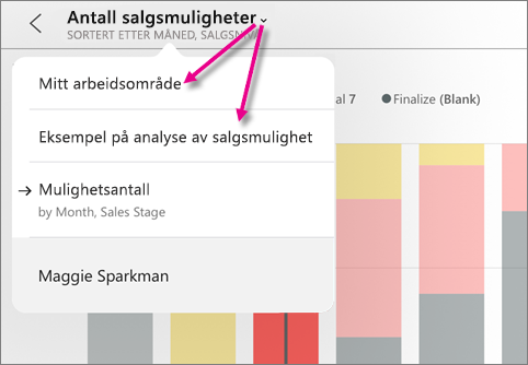 Skjermbilde av et instrumentbord som viser pekere til Mitt arbeidsområde og Eksempel på mulighetsanalyse.