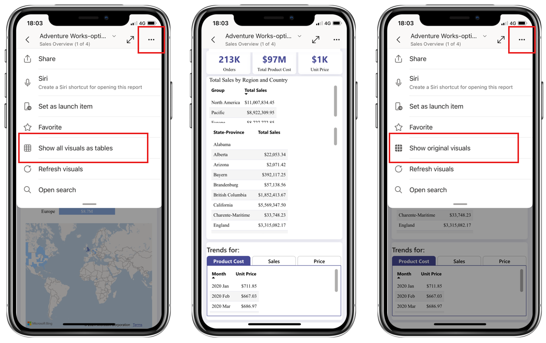 Bilde som viser vis alle visualobjekter som tabeller og vis opprinnelige alternativer for visualobjekter i alternativer for topptekst i rapporten.