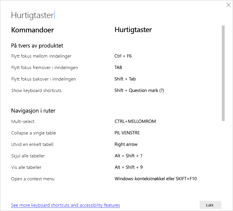 Skjermbilde av hurtigtastene i Power BI Desktop.