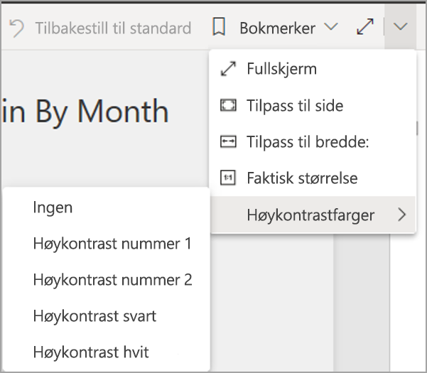 Skjermbilde av Power Bi-tjeneste i redigeringsmodus, som uthever visnings- og høykontrastfarger.