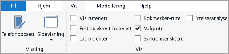 Skjermbilde av Vis-fanen på båndet, som uthever Utvalg.