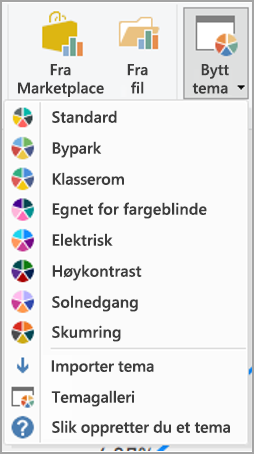 Skjermbilde som viser innebygde temaer i Power BI.