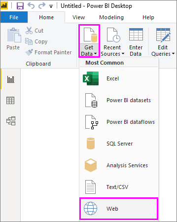 Skjermbilde av Power BI Desktop, som uthever webvalget under rullegardinmenyen Hent data.