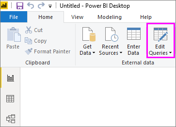 Skjermbilde av Power BI Desktop, som uthever valget Transformer data.