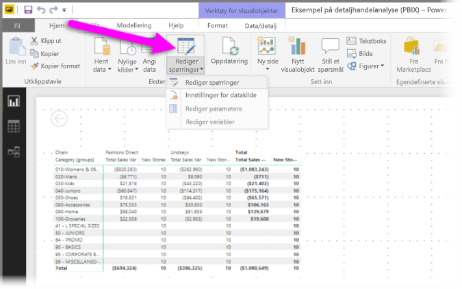 Skjermbilde av Power BI Desktop med Transformer data uthevet.