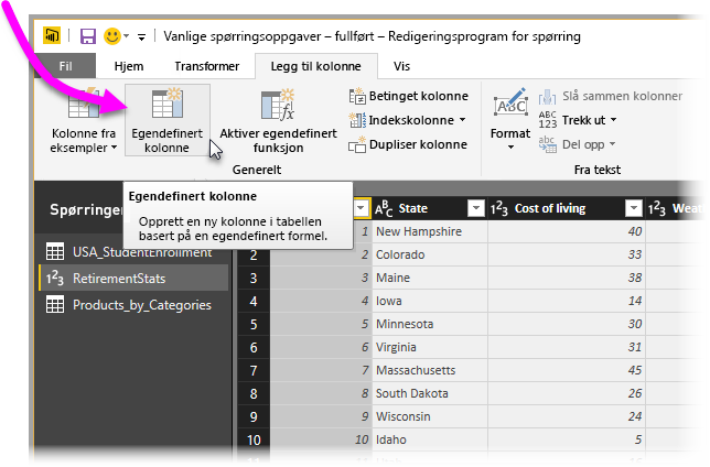 Skjermbilde av Power Query-redigering med Egendefinert kolonne uthevet.