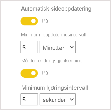 Innstillinger for automatisk sideoppdatering i administrasjonsportalen for kapasitet