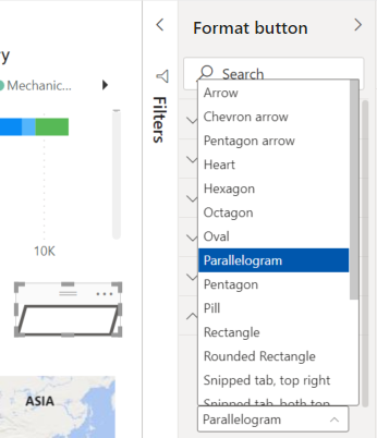 Skjermbilde som viser hvordan du tilpasser formen på en pilknapp til et parallellogram.