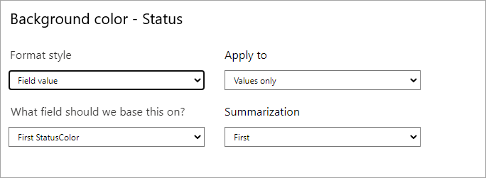 Dialogboks for bakgrunnsfarge for Status-feltet: Rullegardinlisten formateringsstil er satt til Feltverdi.