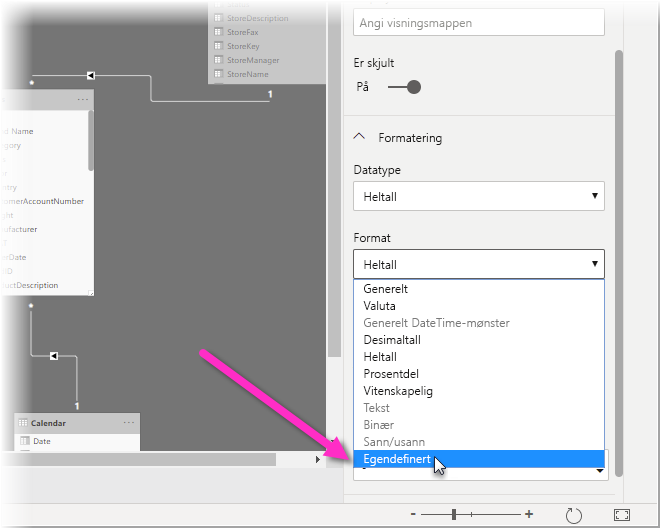 Skjermbilde av Power BI Desktop i modelleringsvisning, som uthever Egendefinert i rullegardinmenyen Format.