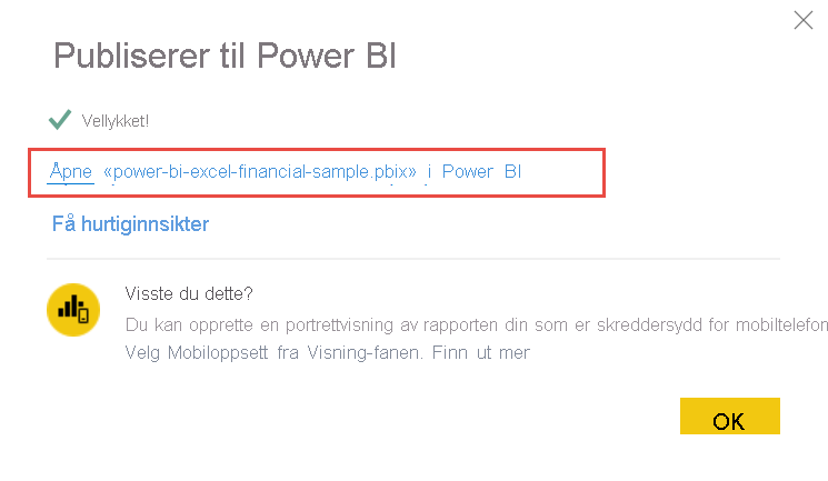 Skjermbilde av åpning av rapporten i Power Bi-tjeneste.