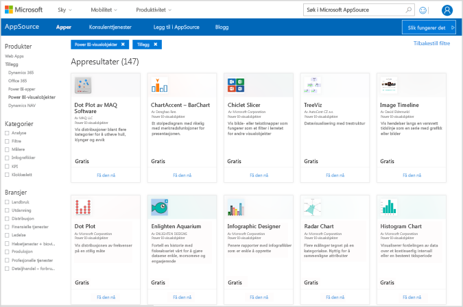 Skjermbilde av AppSource filtrert til Power Platform- og Power B I-visualobjekter.