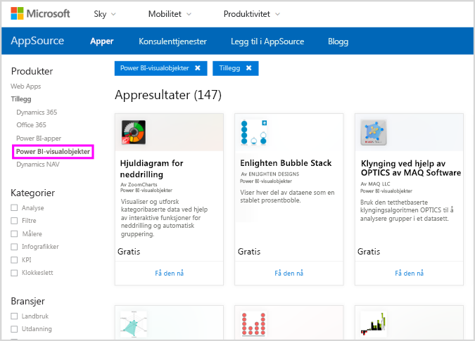 Skjermbilde av AppSource med Power B I-visualobjekter valgt i den venstre ruten.