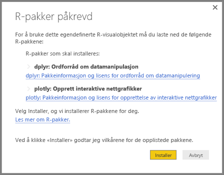 Skjermbilde som viser R-pakkene som må installeres for det R-drevne egendefinerte visualobjektet.
