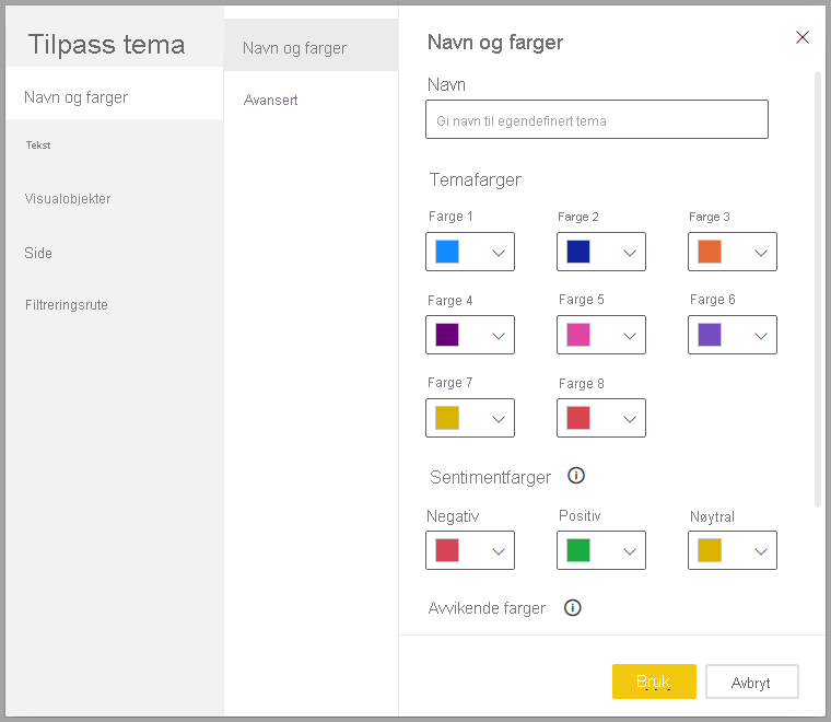 Skjermbilde av dialogboksen Tilpass tema.