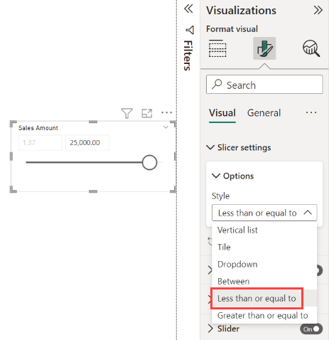 Skjermbilde av et visualobjekt, som uthever sliceren for numerisk område satt til Mindre enn eller lik.