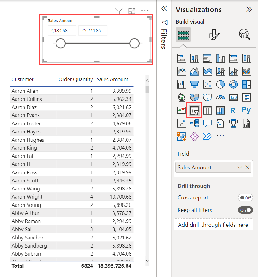 Skjermbilde av et visualobjekt som uthever en slicer for numerisk område.