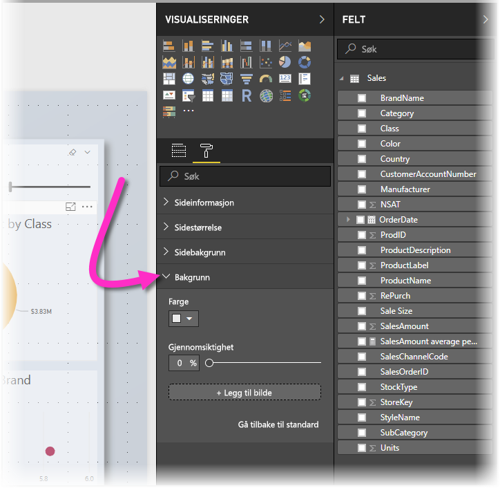 Skjermbilde av Visualiseringer-ruten, som uthever alternativet Bakgrunn.