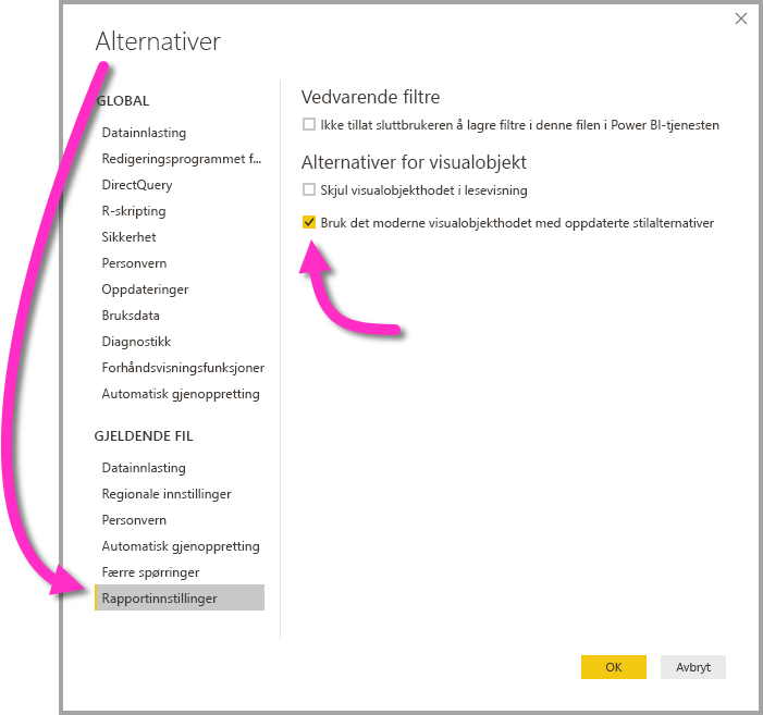 Skjermbilde av Alternativer-menyen, utheving av rapportinnstillinger og avmerkingsboksen Bruk den moderne visuelle overskriften med oppdaterte stilalternativer.