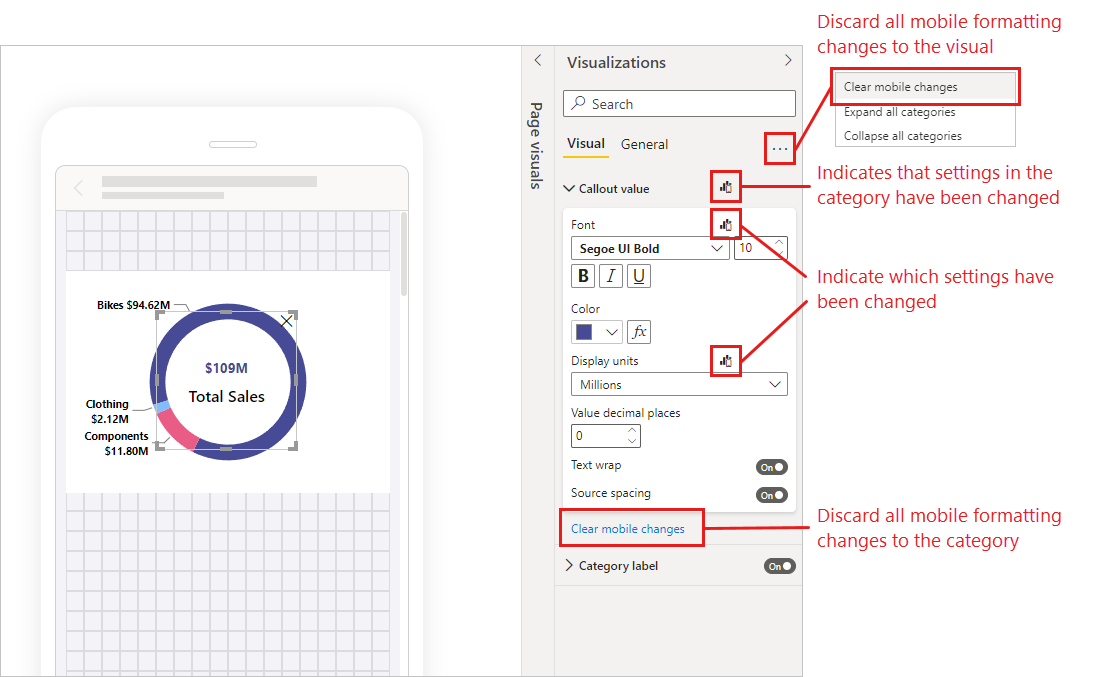 Screenshot of Visualizations pane showing a visual's changed property values.