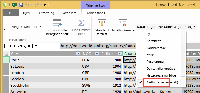 Rullegardinliste for datakategori i Excel