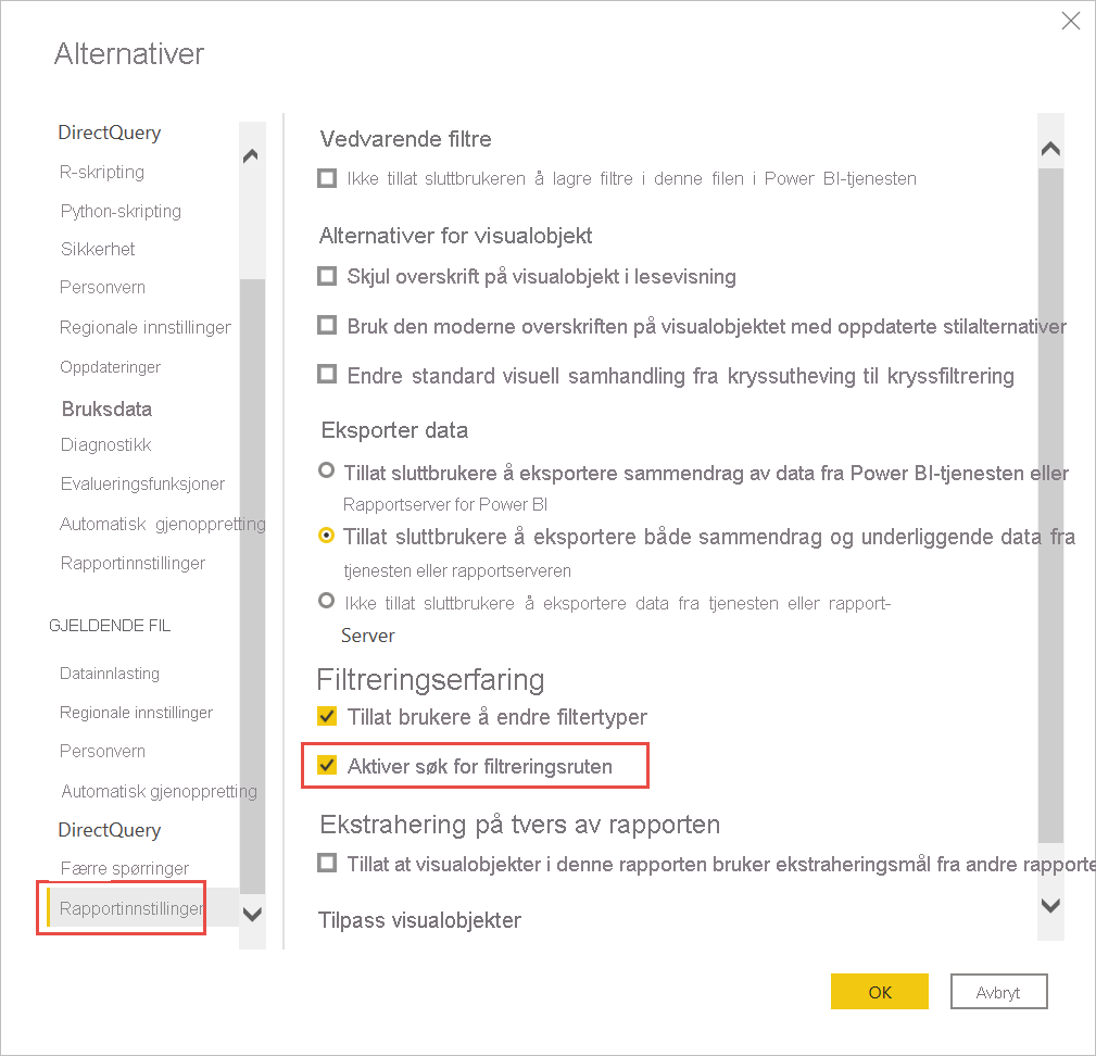 Skjermbilde av Alternativer-menyen, som uthever Ruten Aktiver søk etter filtre.