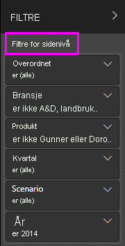 Skjermbilde som viser filtrene på sidenivå.