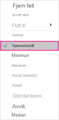 Skjermbilde av mengdelisten med Gjennomsnitt valgt og fremhevet.