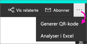Skjermbilde av en rapport, utheving av Fil og Generer en QR-kode.