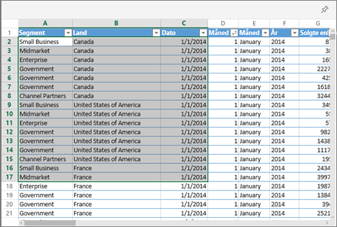 Skjermbilde som viser merkede celler i en Excel-arbeidsbok.