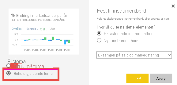 Skjermbilde av vinduet Fest til instrumentbord, som uthever alternativet Behold gjeldende tema.