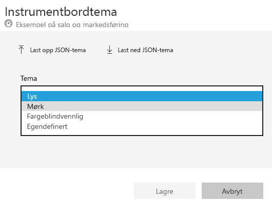 Skjermbilde av temavinduet på instrumentbordet og rullegardinmenyen.