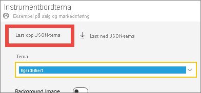 Skjermbilde av temavinduet for instrumentbord, som uthever alternativet Last opp JSON-tema.