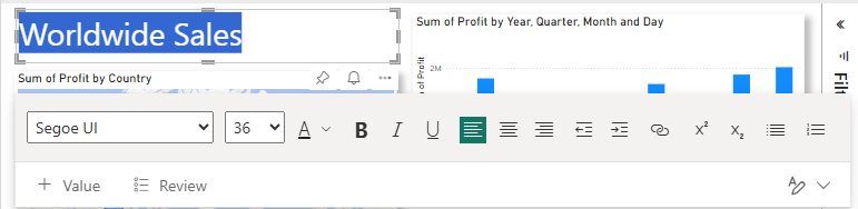 Skjermbilde av formatering av tittelen i rapporten.