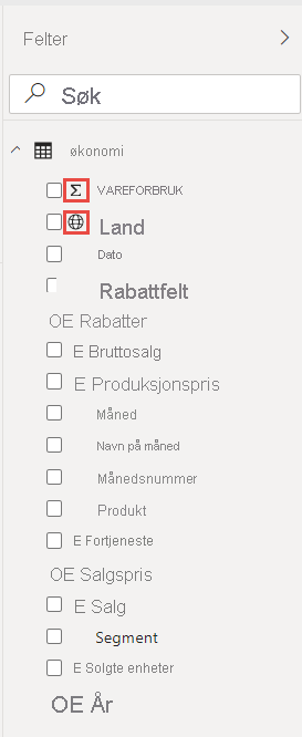 Skjermbilde av Data-ruten, som viser Excel-kolonner som felt i økonomitabellen.