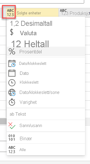 Skjermbilde som viser datatypealternativene for en kolonne.