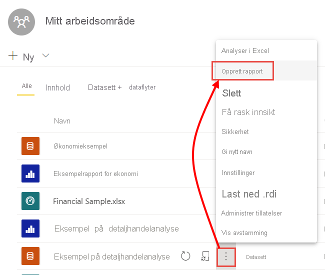 Skjermbilde av Mitt arbeidsområde, utheving av flere alternativer og Opprett rapport.