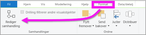 Skjermbilde av Format-menyen i Power BI Desktop, som uthever Rediger samhandlinger.