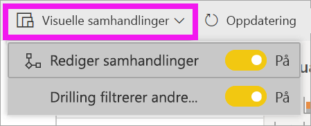 Skjermbilde av Power Bi-tjeneste, som uthever rullegardinlisten visuelle interaksjoner.