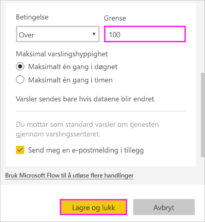 Skjermbilde av behandle varsler-vinduet, som uthever terskeloppføringen på 100.