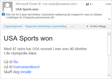 Skjermbilde av et eksempel på e-post med koblinger til Power BI.