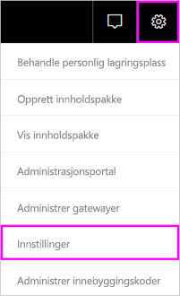 Skjermbilde av menylinjen i Power BI, som uthever tannhjulikonet og Innstillinger-alternativet.