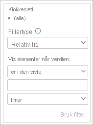 Skjermbilde som viser et filterkort med relativ tid valgt som filtertype.