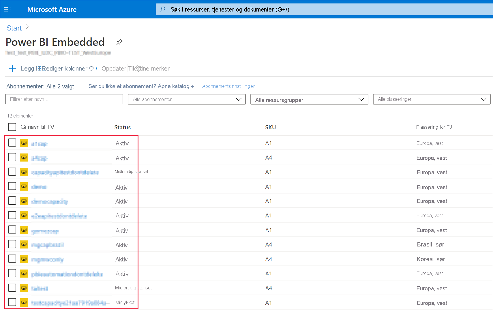 Skjermbilde av en kapasitetsliste for Power BI Embedded i Azure-portalen.